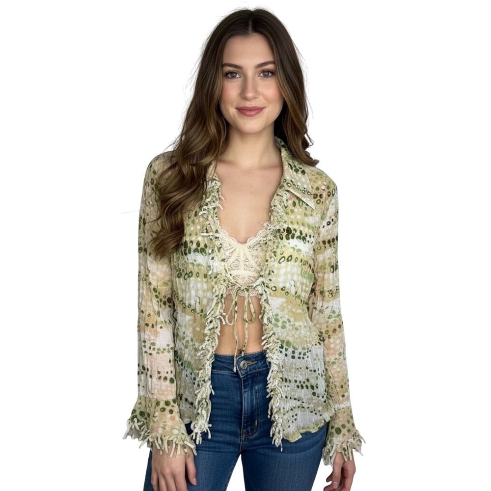 VTG Le Caviar Green Print Ruffle Trim 70s‎ Bell Sleeve Sz Med Tie Front Top